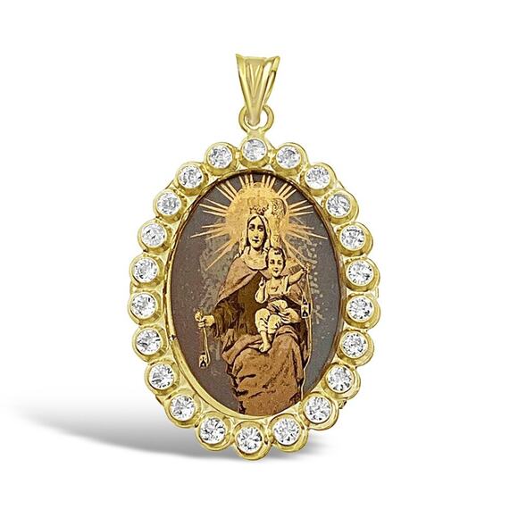14k Gold Virgin Mary Baby Jesus Pendant Lady Guadalupe CZ Charm Oval 1.3 inch - Picture 1 of 2